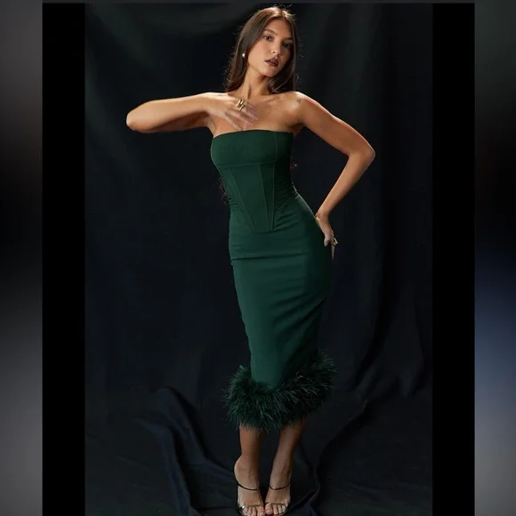 green emerald velvet dress It Was All A Dream Emerald Green Brocade Strapless Midi Dress – Shop the  Mint